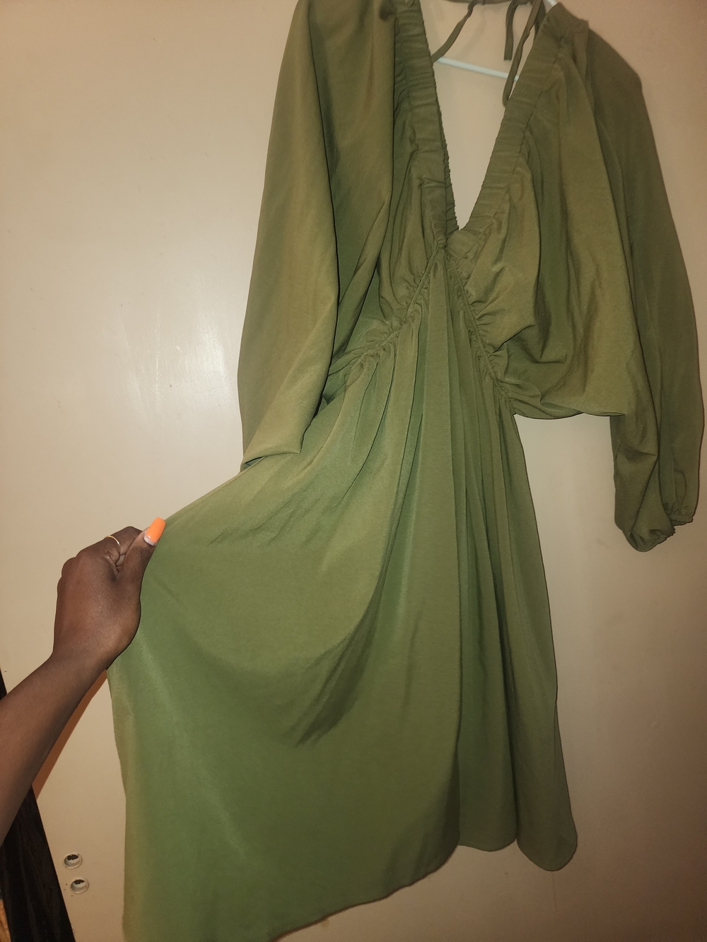 Olive Green Women's V-Neck Midi Dress